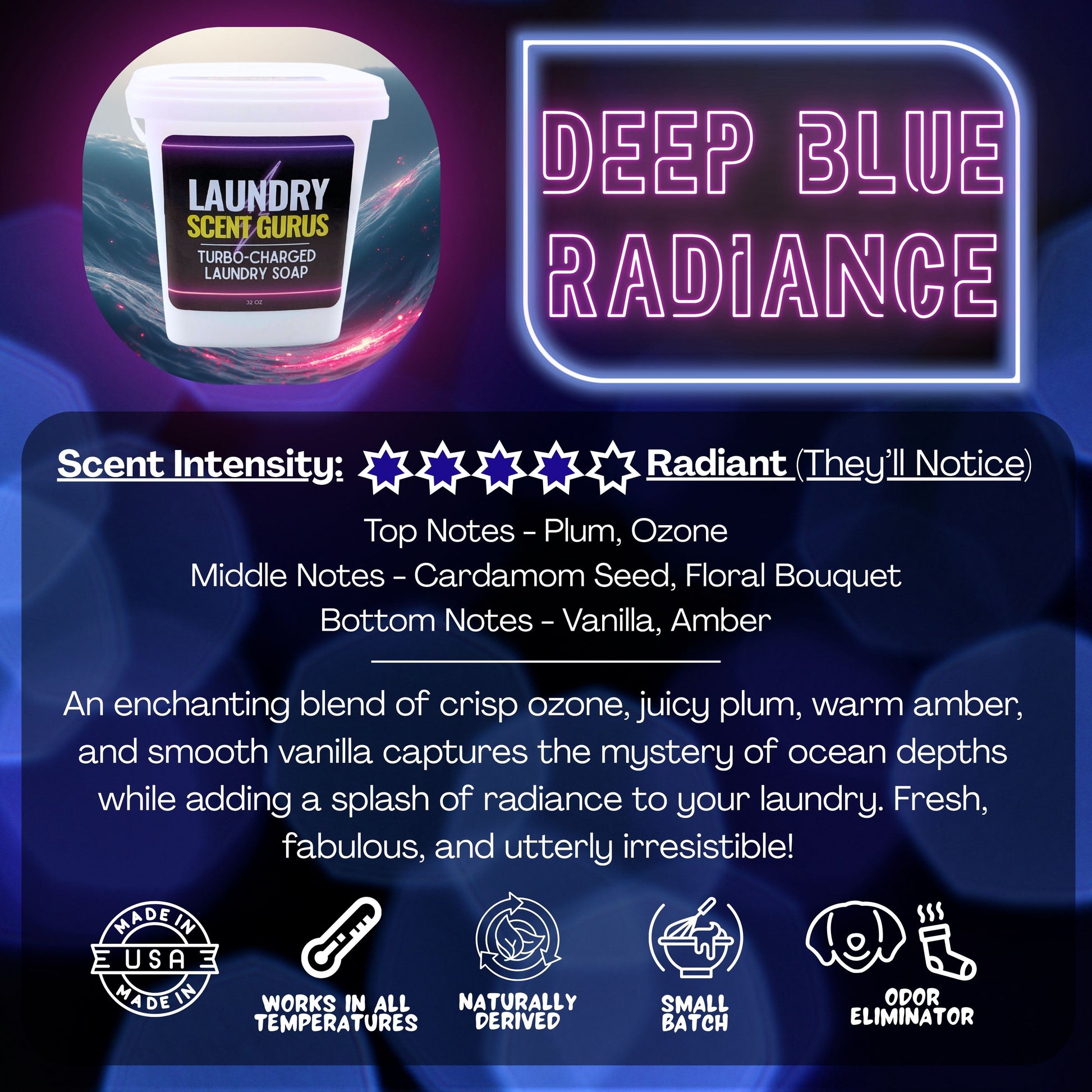 Laundry Scent Gurus product with 'Deep Blue Radiance' branding and scent description on a dark background.