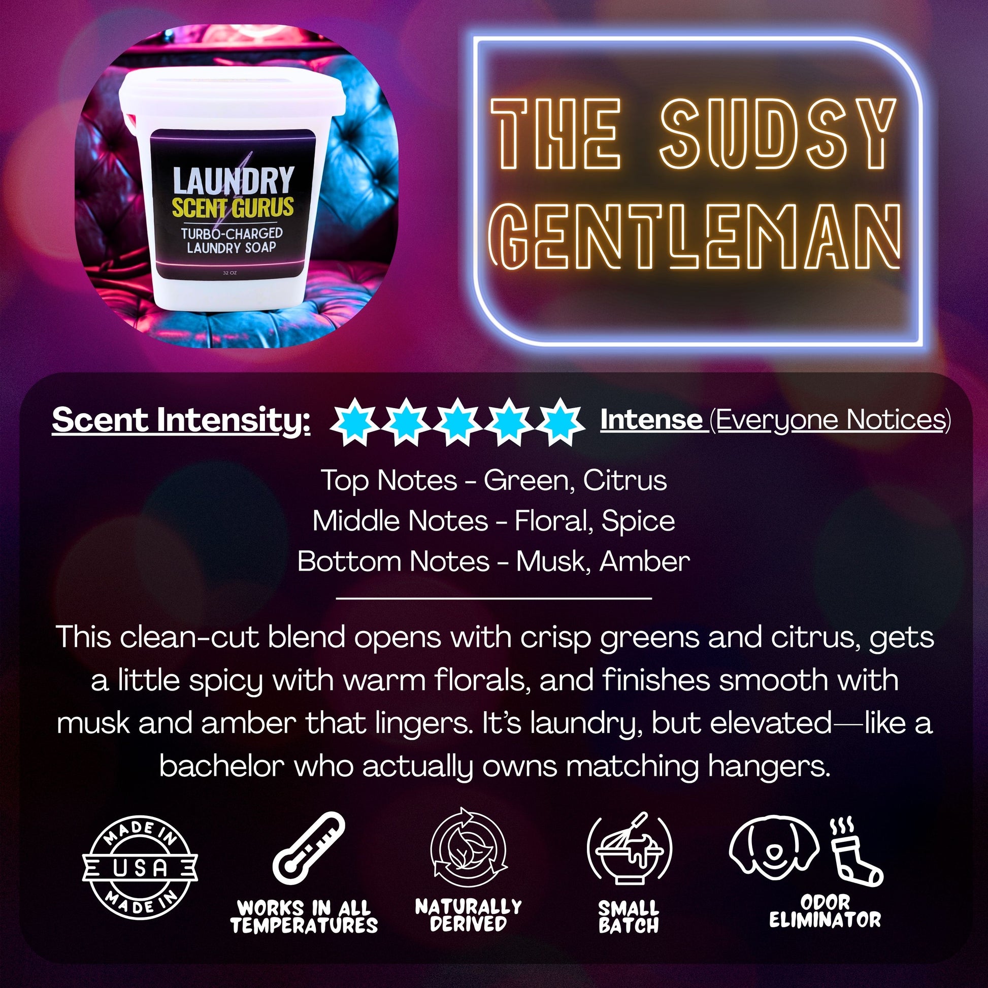 Promotional graphic for 'The Sudsy Gentleman' laundry soap with product image and description.