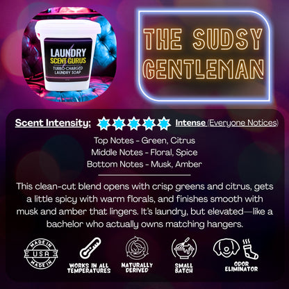 Promotional graphic for 'The Sudsy Gentleman' laundry soap with product image and description.