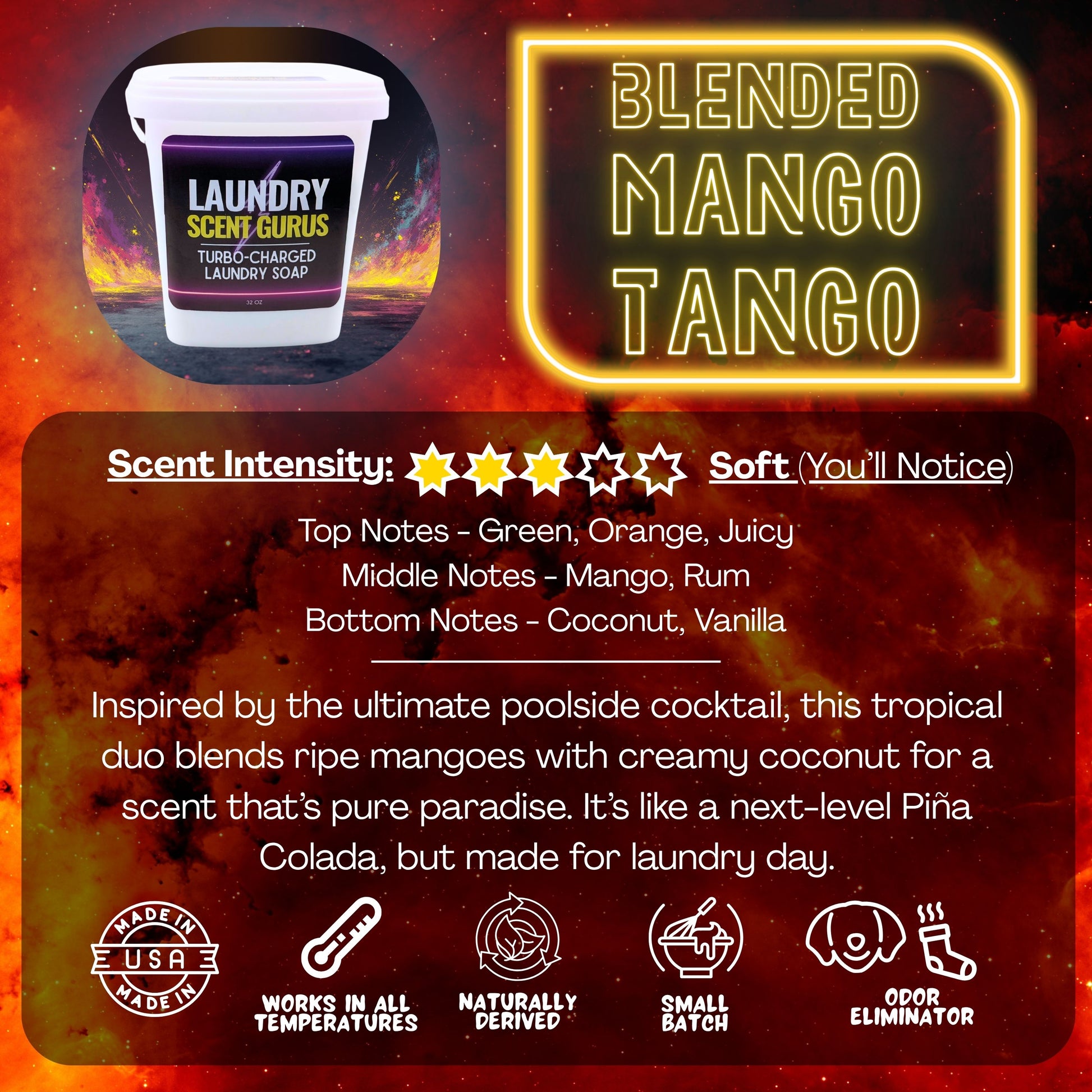 Promotional graphic for Laundry Scent Gurus Turbo-Charged Laundry Soap Blended Mango Tango with product image and scent description.