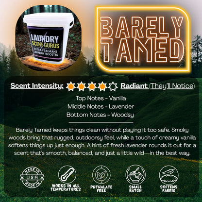 Laundry Scent Gurus Product packaging with 'Barely Tamed' branding and product details on a green background.