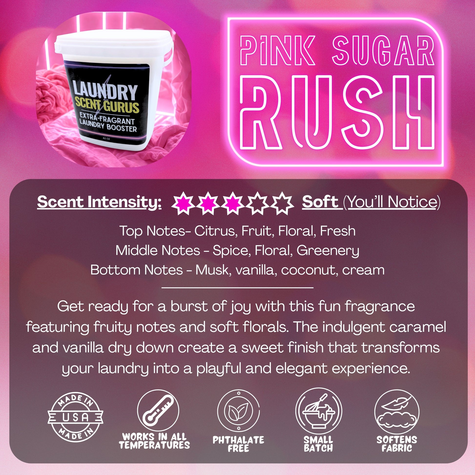 Laundry scent booster product with 'Pink Sugar Rush' branding and description on a pink and purple gradient background.