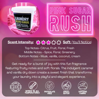 Laundry scent booster product with 'Pink Sugar Rush' branding and description on a pink and purple gradient background.