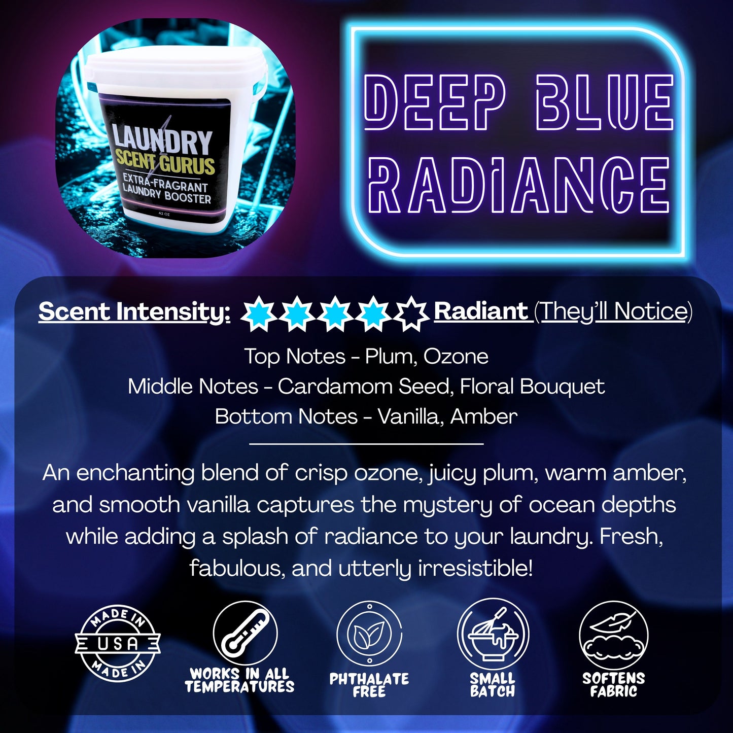 Laundry Scent Gurus scent booster product details with blue background