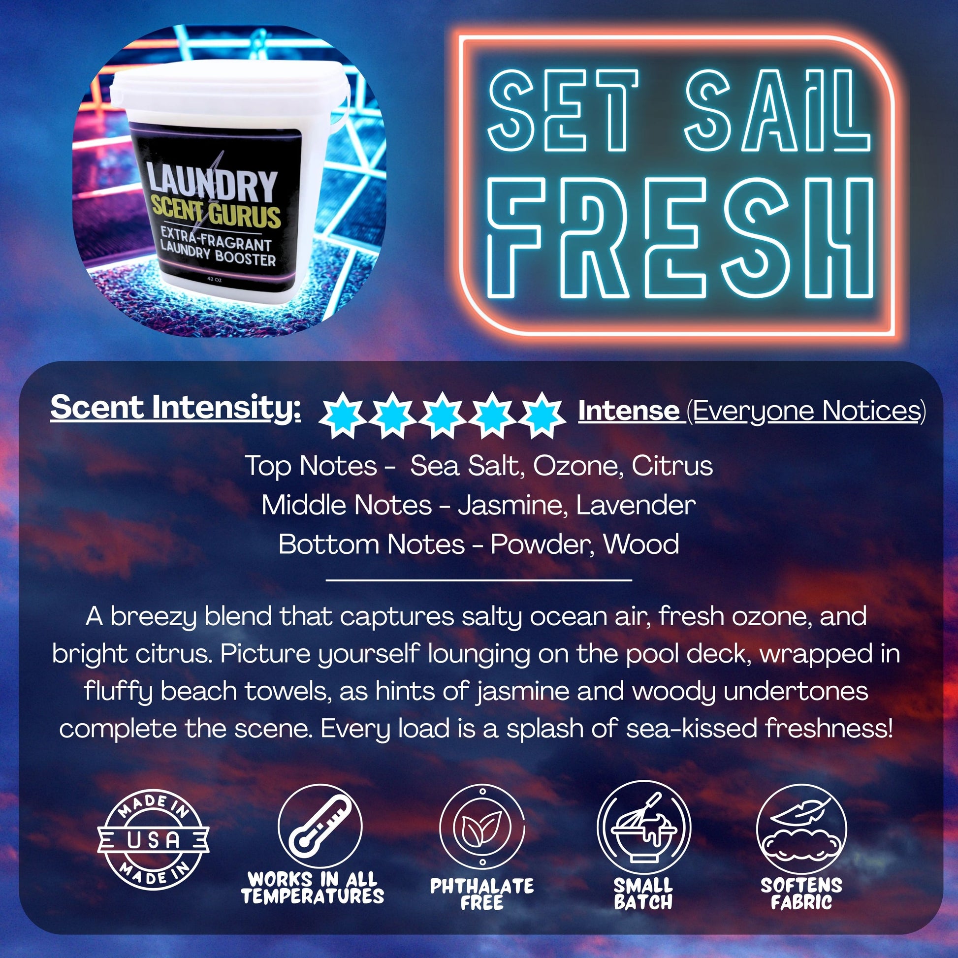 Laundry Scent Gurus Product Features for Set Sail Fresh Laundry Scent Booster Tub on a colorful background