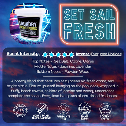 Laundry Scent Gurus Product Features for Set Sail Fresh Laundry Scent Booster Tub on a colorful background