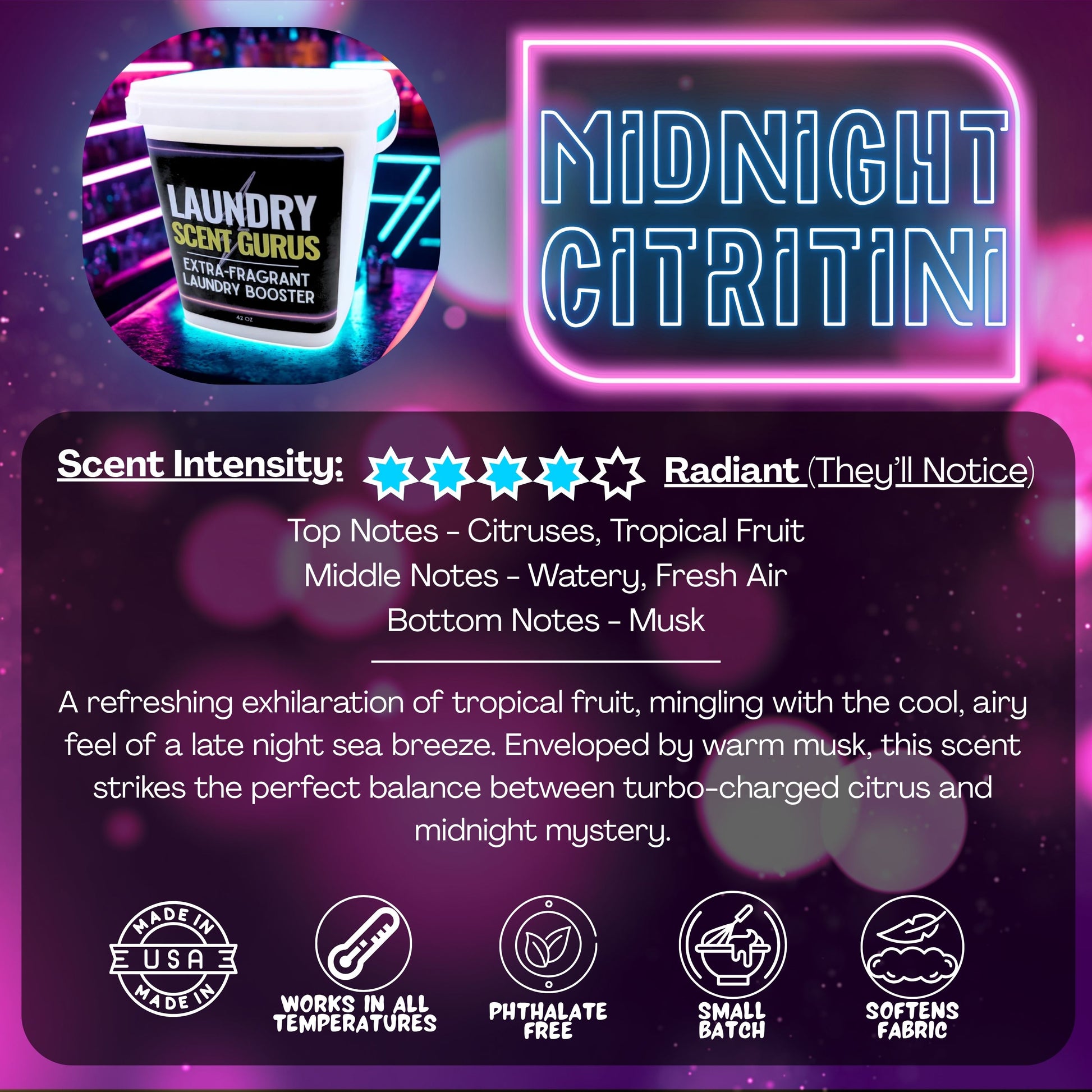 Product packaging with 'Laundry Scent Gurus' and 'Midnight Citritini'  scent booster branding on a dark background.