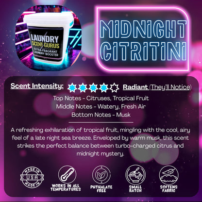 Product packaging with 'Laundry Scent Gurus' and 'Midnight Citritini'  scent booster branding on a dark background.