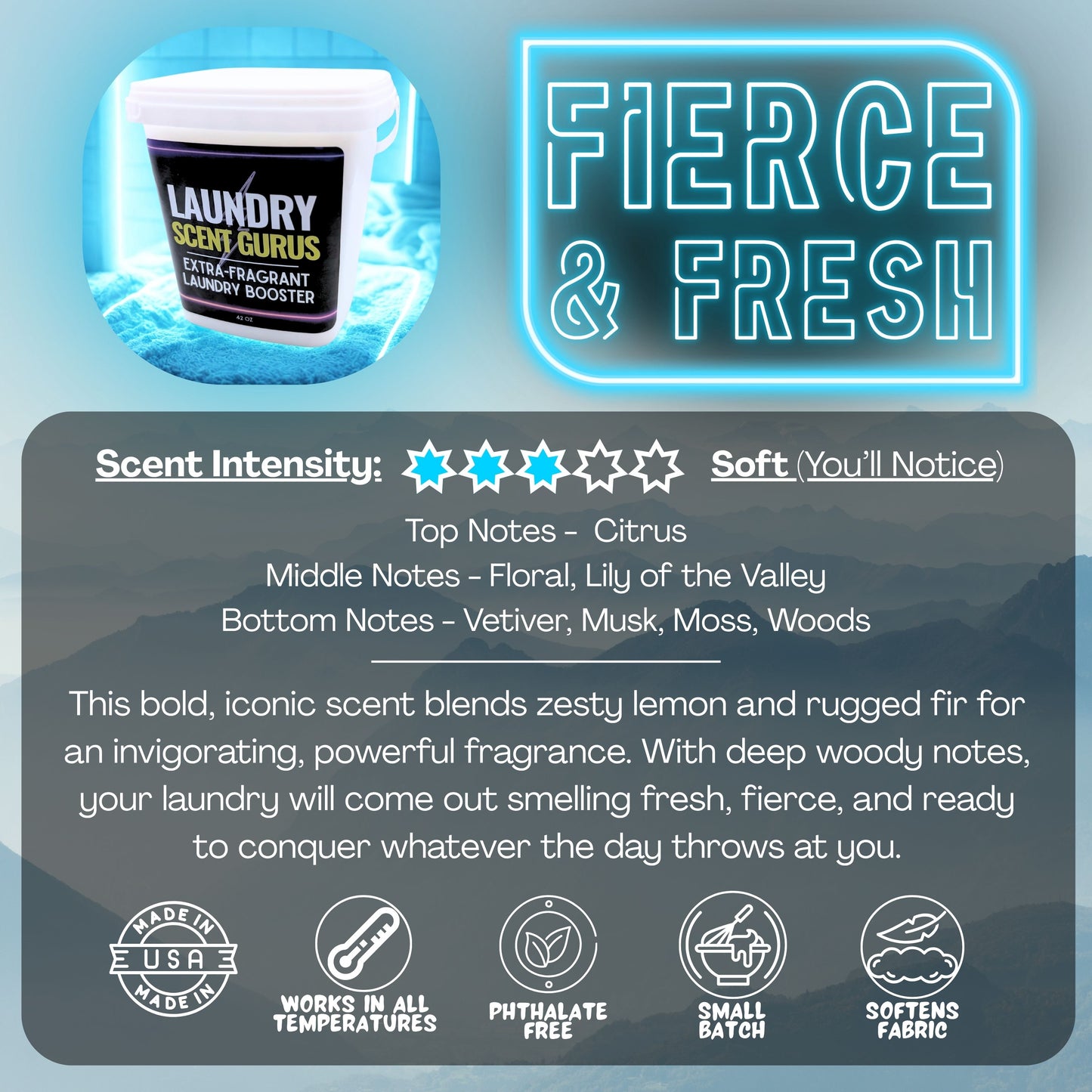 Laundry Scent Gurus Fierce & Fresh Product packaging with branding and product details on a blue and gray gradient background