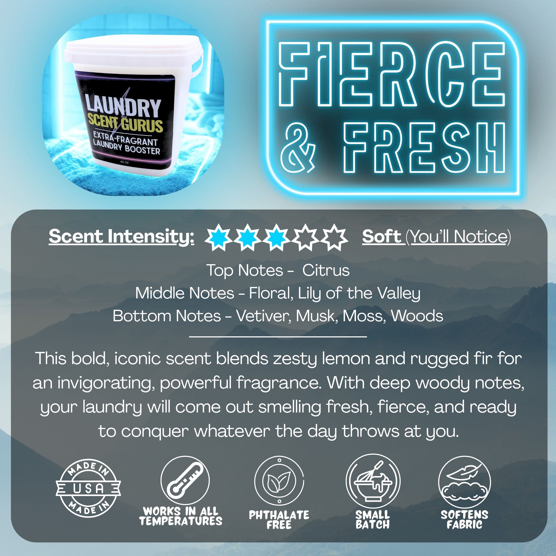 Laundry Scent Gurus Fierce & Fresh Product packaging with branding and product details on a blue and gray gradient background