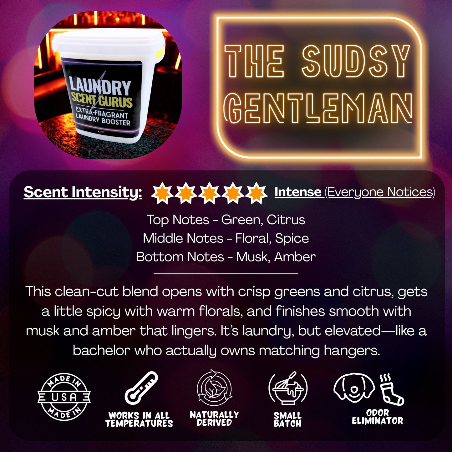 Laundry Scent Gurus Product packaging with 'The Sudsy Gentleman' branding and product details.