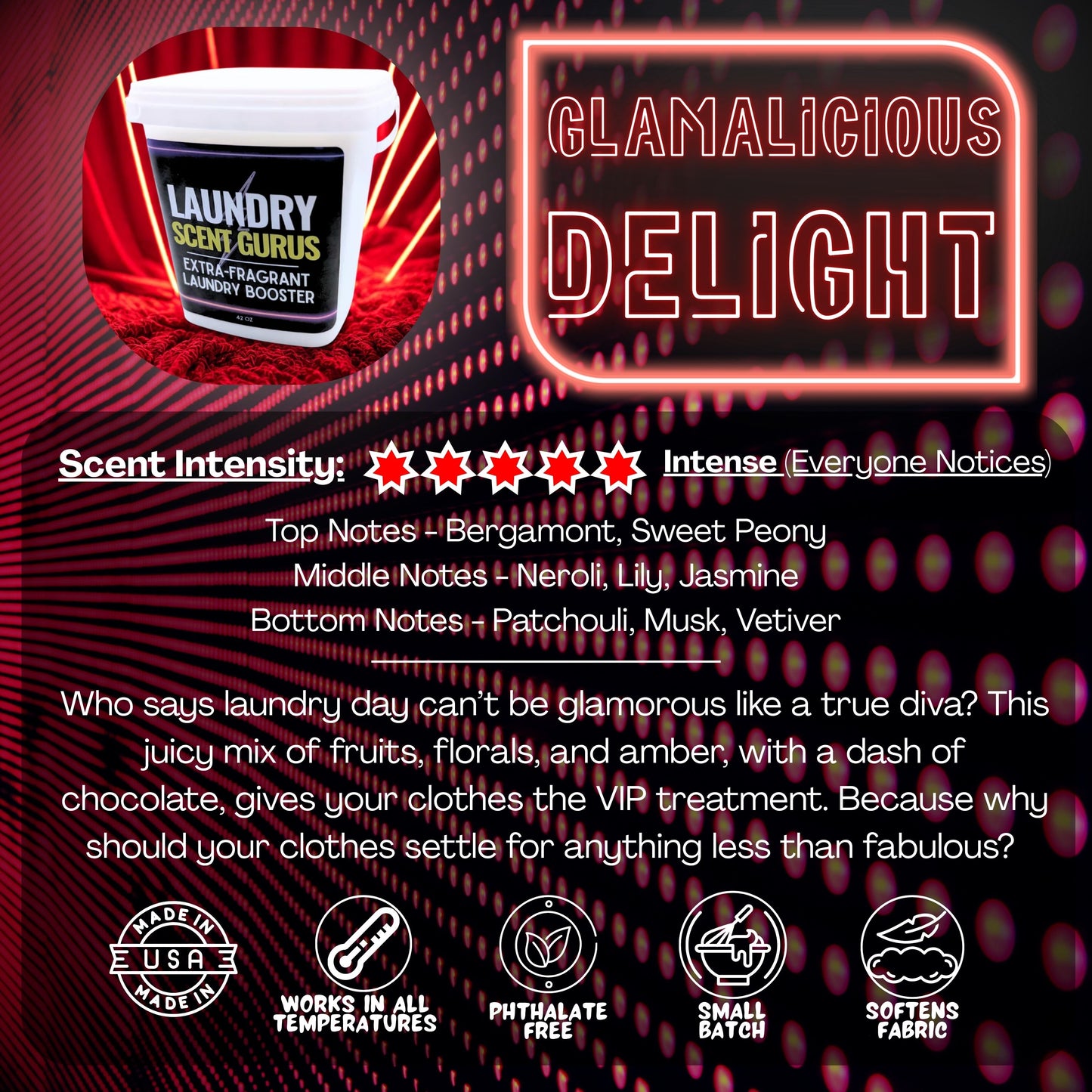 Promotional graphic for Laundry Scent Gurus 'Glamalicious Delight' laundry product with product image and feature text.