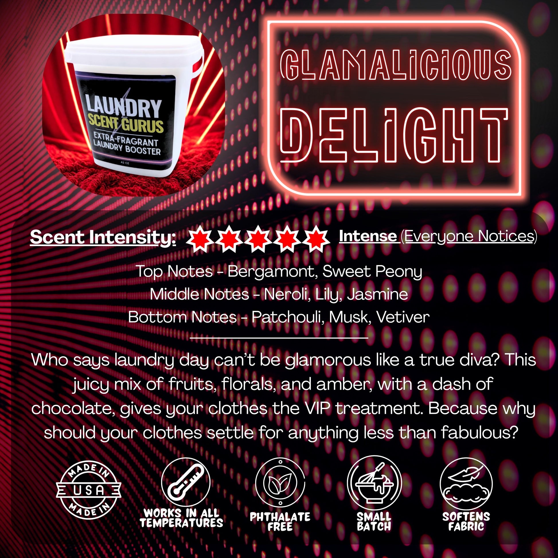 Promotional graphic for Laundry Scent Gurus 'Glamalicious Delight' laundry product with product image and feature text.