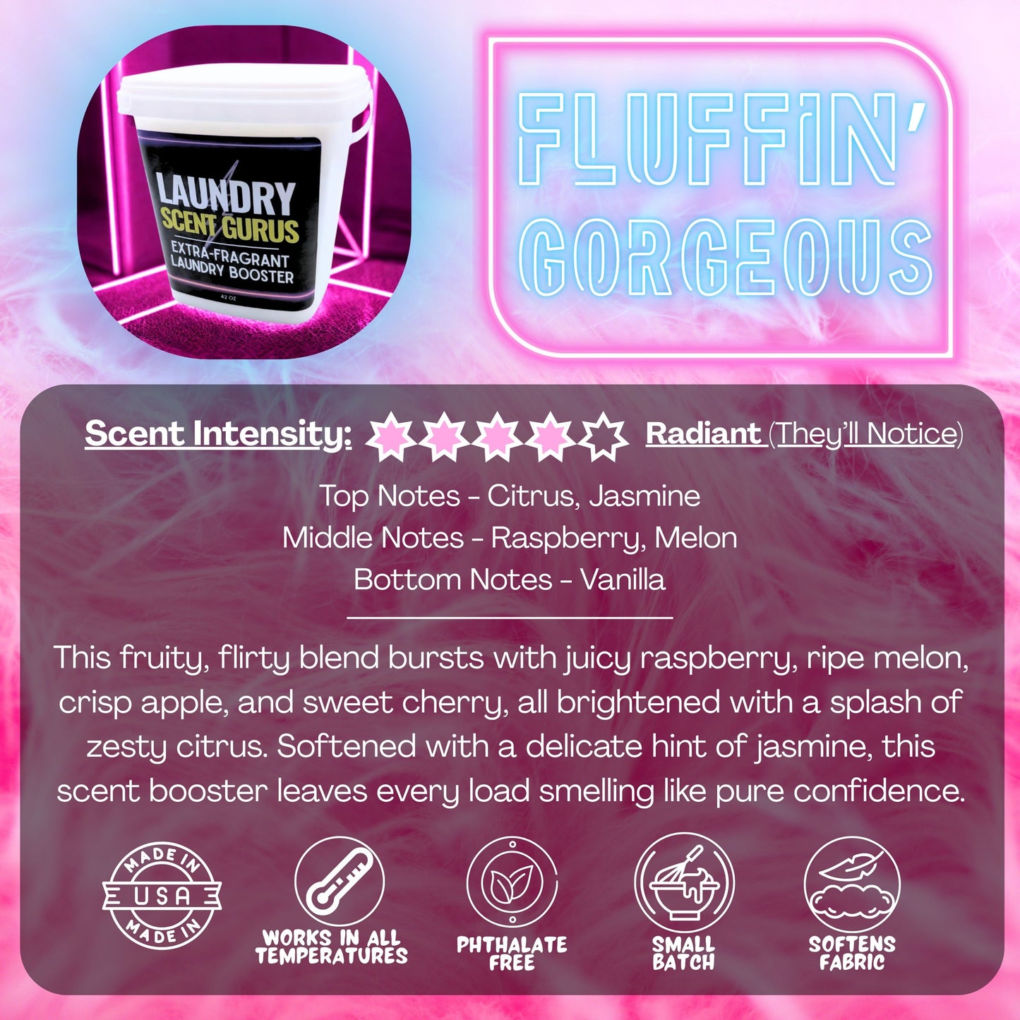 Laundry scent booster product with Fluffin' Gorgeous scent description and features on a colorful background