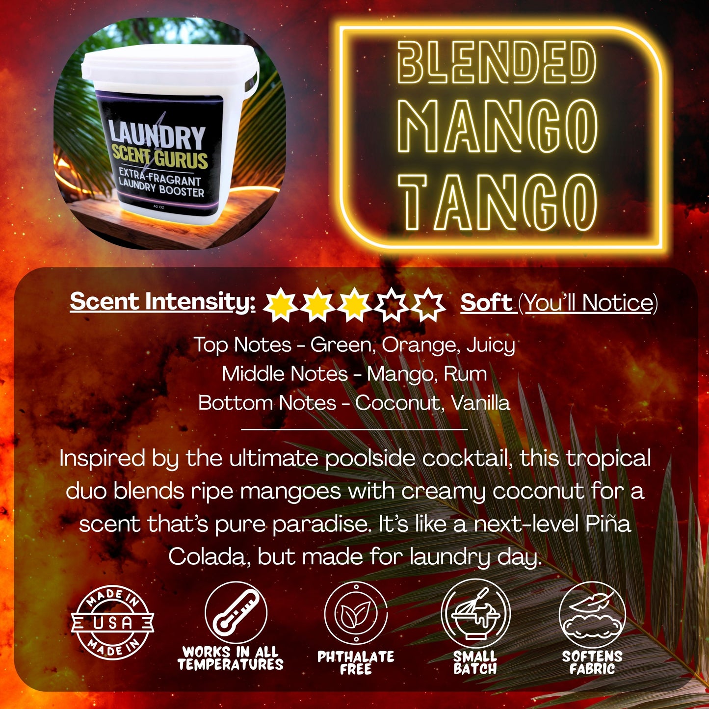 Product packaging for 'Laundry Scent Gurus' with 'Blended Mango Tango' scent description on a vibrant background.