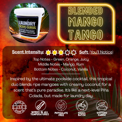 Product packaging for 'Laundry Scent Gurus' with 'Blended Mango Tango' scent description on a vibrant background.