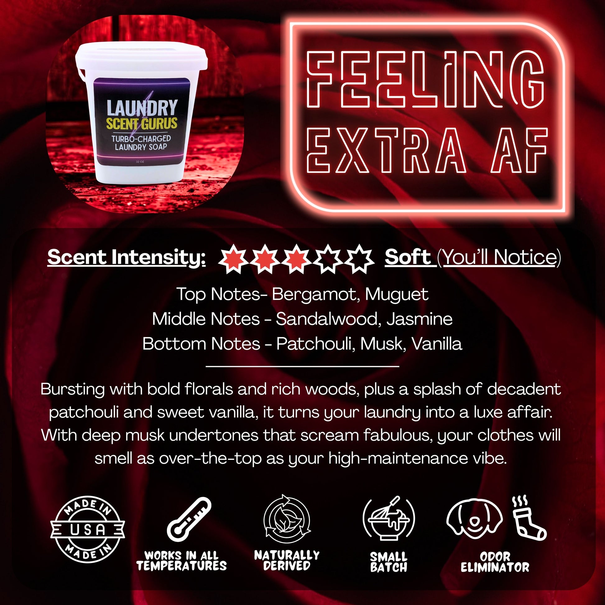Promotional image of laundry scent gurus Feeling Extra AF detergent with product details and branding on a dark background.