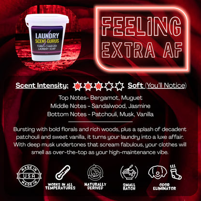 Promotional image of laundry scent gurus Feeling Extra AF detergent with product details and branding on a dark background.
