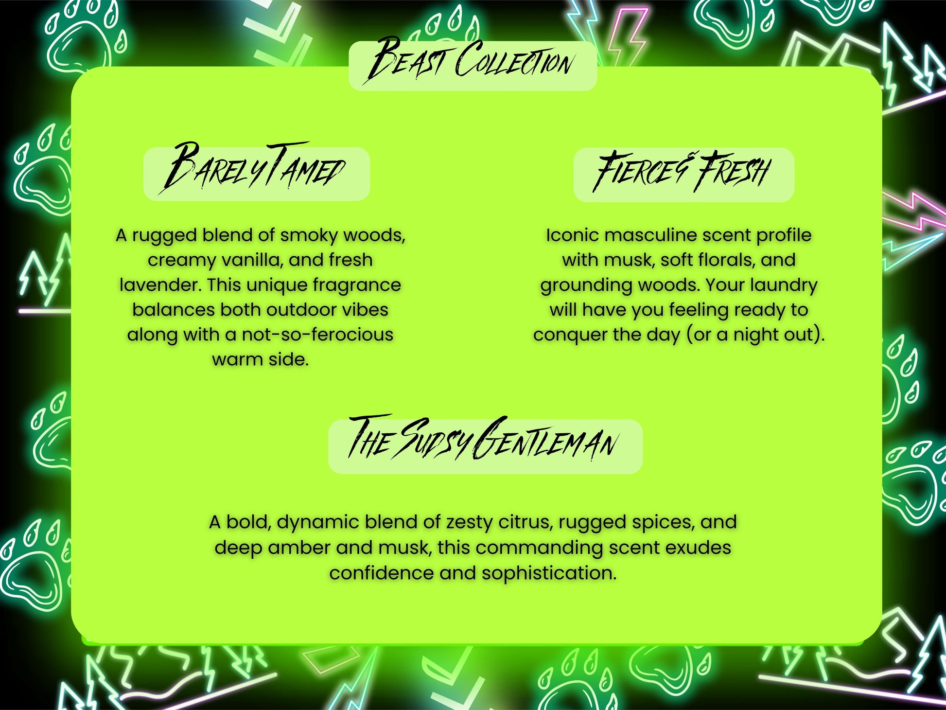 Promotional graphic for 'Beast  laundry Collection' fragrances with product names and descriptions on a neon green background.