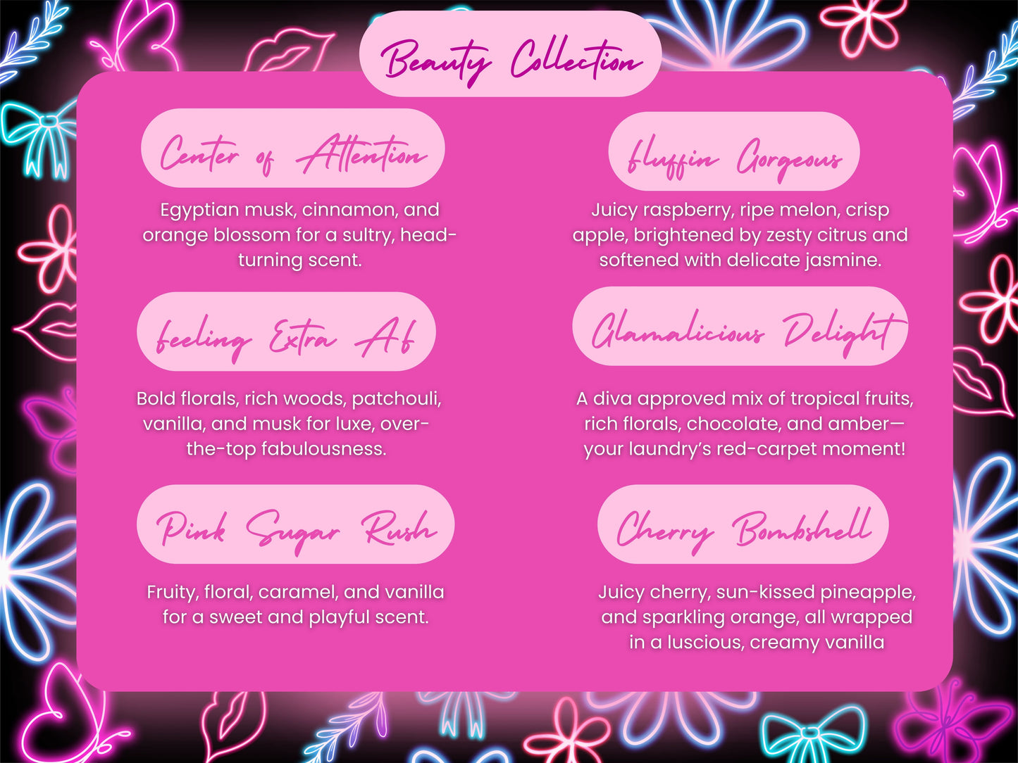 beauty laundry product collection with scents on a pink background