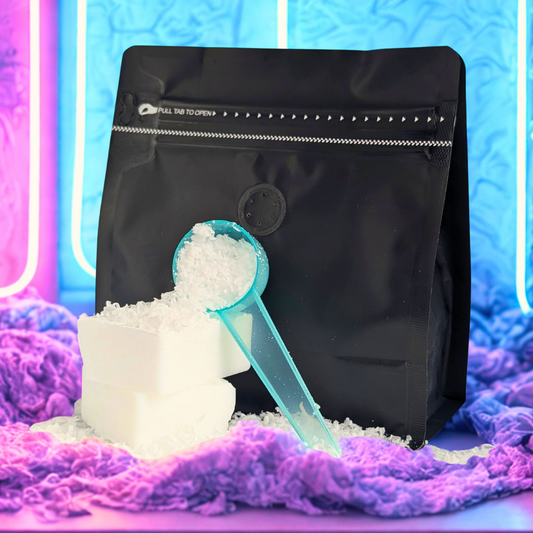 laundry soap shreds with scoop infront of packaging and neon background