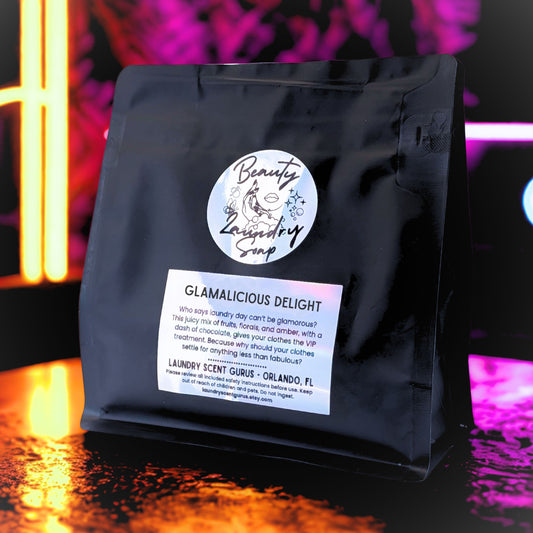 Black bag with a label on a reflective surface with colorful background