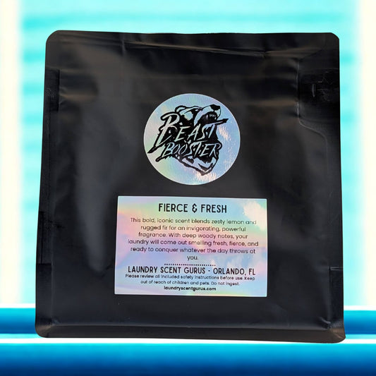 Black packaging with a label on a blue gradient background
