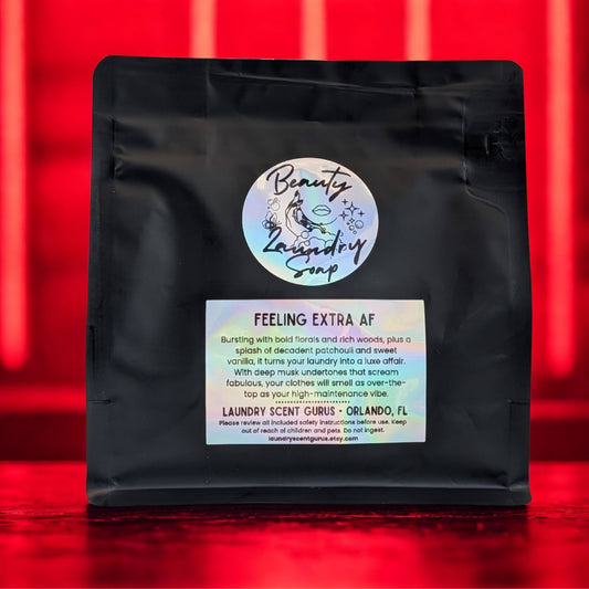 Black laundry soap bag with a colorful label on a red background