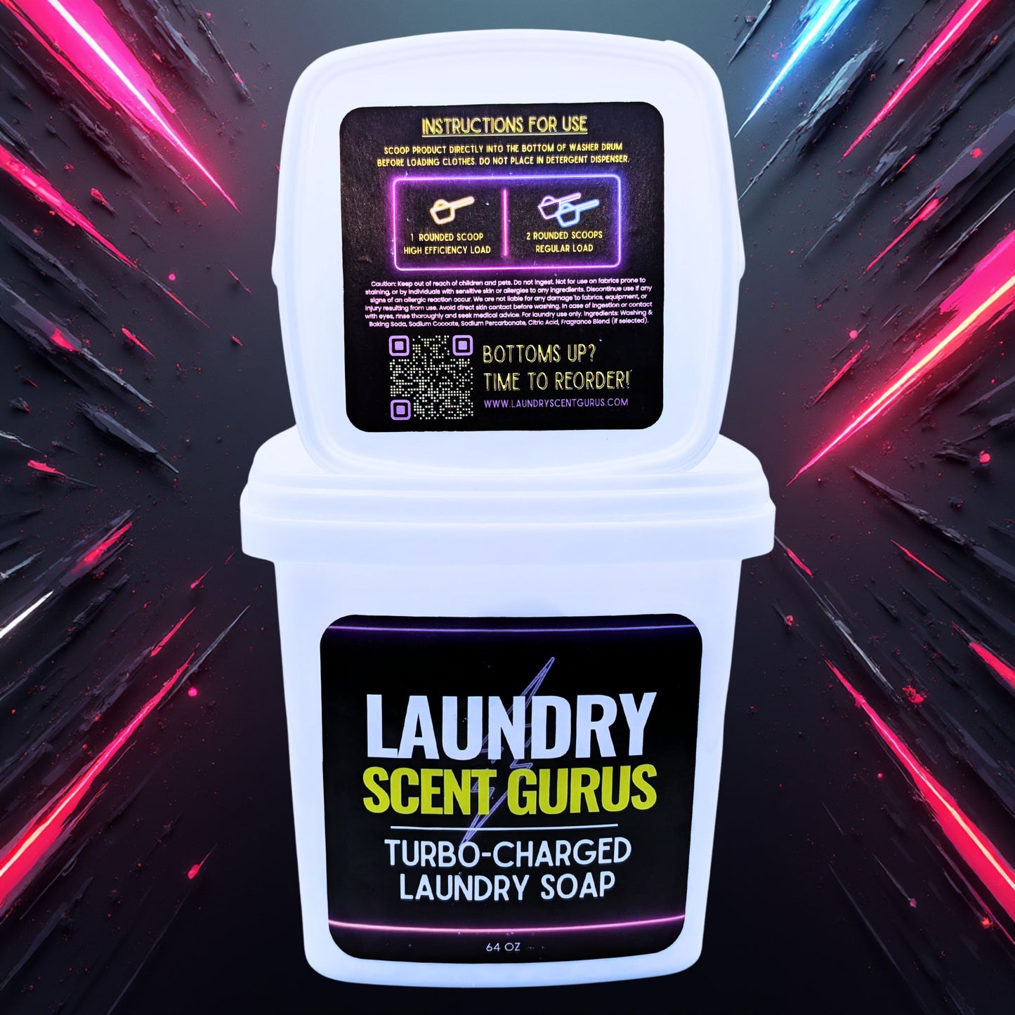 Laundry detergent container with instructions with 'Laundry Scent Gurus' branding on a futuristic neon background.